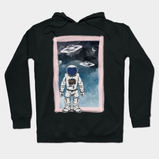 Floating astronaut Ufo alien abduction funny cute spaceship moon mars cosmic space Hoodie